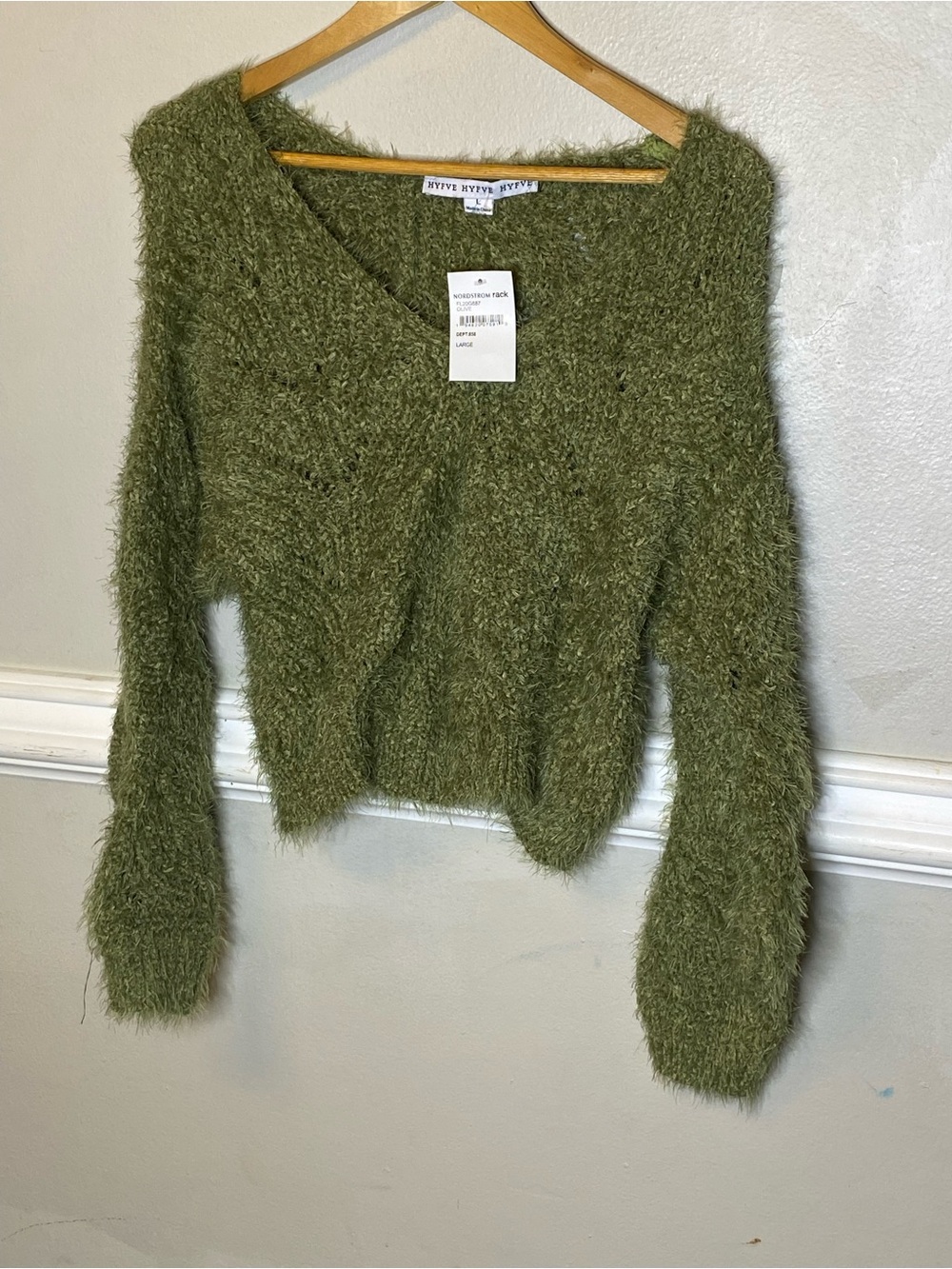 HYFVE Olive Green Fuzzy V-Neck Sweater